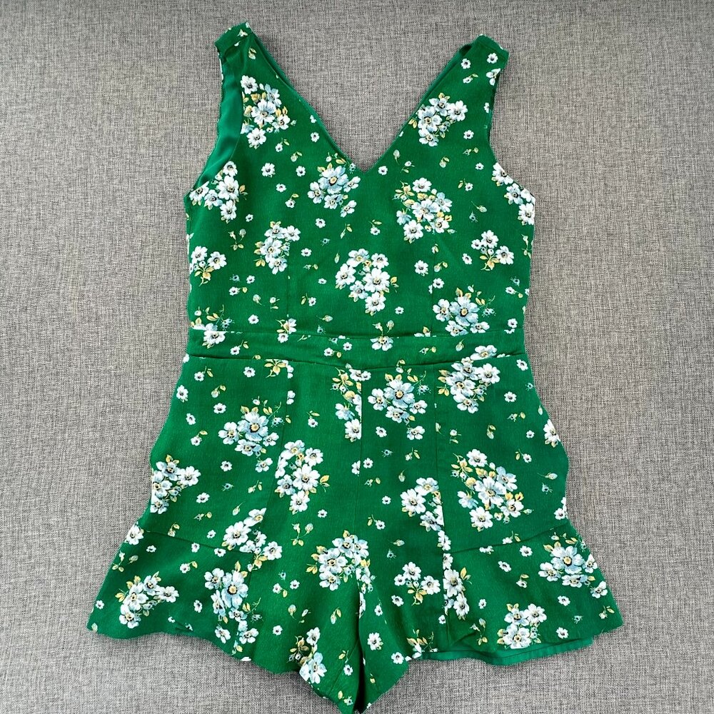 LOFT‎ Floral Romper Green Size 0 Sleeveless V-Neck Viscose Polyester Lined